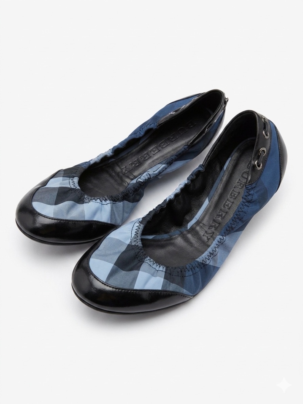 Burberry Navy and Black Plaid Scrunch Ballet Flats - Size 39